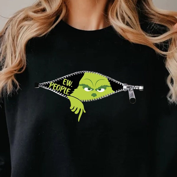 Ew People Grinch Shirt, Xmas Big Face Green Color Saying Ew People Christmas T-Shirt, Grinch Open Zipper Shirt, Family Xmas Grinch Hoodie