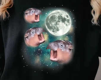 3 Moon-Deng  Baby Hippo Meme Funny Cute Hippopotamus T-Shirt, Bouncy Pig in Thai, Hippo Lover, Galaxy Moo Deng Shirt, Sweatshirt, Hoodie