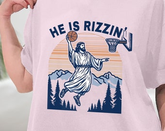 Koszulka He Is Rizzin', zabawna bluza wielkanocna, humorystyczna koszulka chrześcijańska, bluza z kapturem z Jezusem, strój wielkanocny, wielkanocna koszykówka z Jezusem, prezent wielkanocny