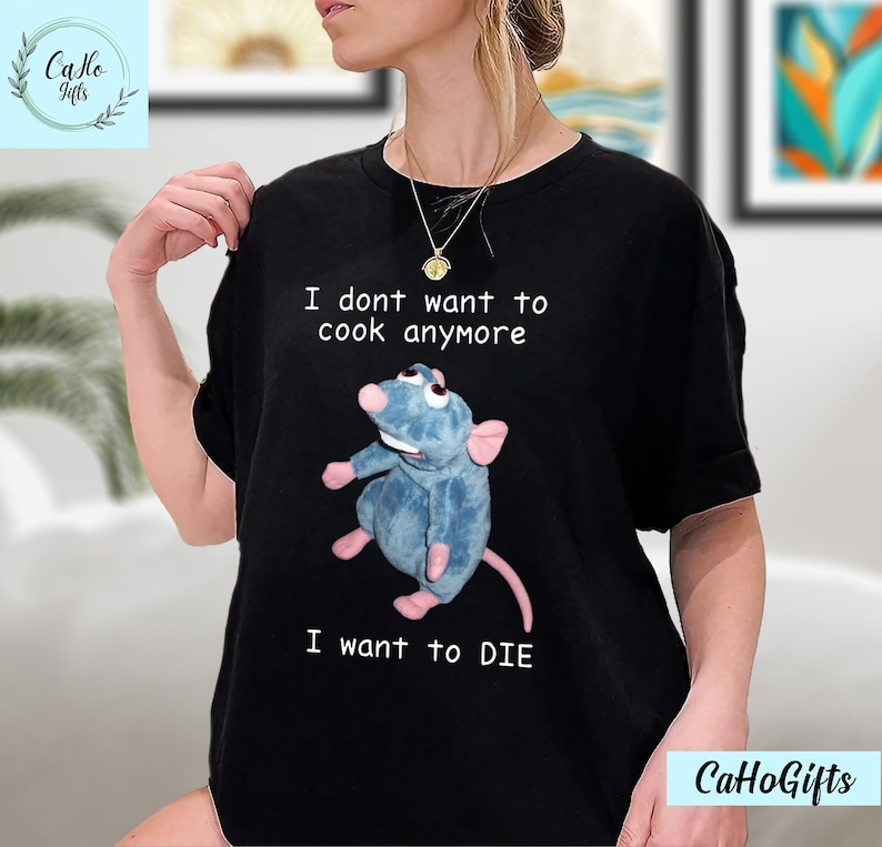 Remy Rat No quiero cocinar más Quiero morir Camiseta vintage, Sudadera con capucha de Meme de rata, Sudadera de Meme de depresión, Camisa de Meme de salud mental imagen 1