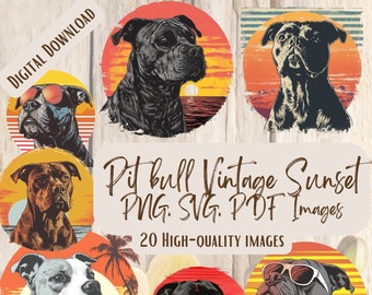 Pit Bull Dog Vintage Sunset PNG SVG Bundle, 20 Retro Dog Clipart Images for Stickers, Shirts & Sublimation