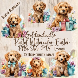 Goldendoodle Pastel Watercolor Easter PNG SVG Bundle, 29 adorabili disegni di cani per lavoretti e decorazioni primaverili, simpatica grafica pasquale per cani