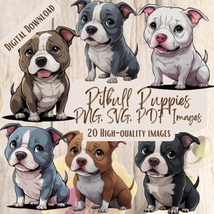 Pitbull-puppy's PNG SVG-bundel, 20 schattige hond clipart ontwerpen voor ambacht geschenken en decor, cadeaus Pitbull minnaar, digitale kunst voor DIY