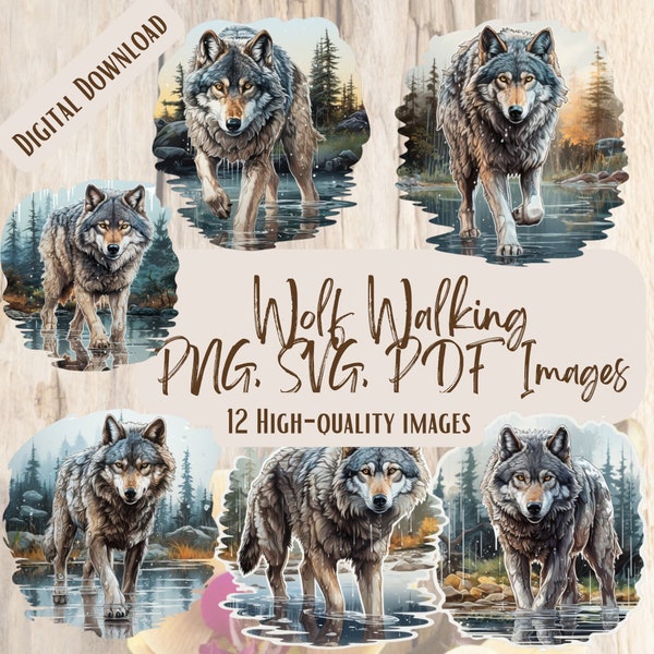 Wolf Walking PNG SVG Bundle 12 Images Digital Printable Vector Instant Download Wolf Graphics png Bundle High Quality Wolf Nature Clipart