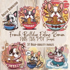 Französische Bulldogge Essen Ramen Clipart, Süßes Hund Nudeln PNG SVG Bündel, Frenchie Food Lover Digitale Kunst, Hunde Illustration für Kunsthandwerk & Dekor