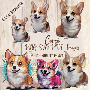 Corgi Cartoon PNG SVG Bundle, 16 Cute Fun Dog Designs for Crafts, Corgi Lover Bundle,  Dog Themed Digital Craft Graphics, Cute Animal Art