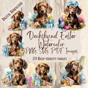 Teckel de Pâques aquarelle PNG SVG Bundle, 29 modèles de chien de fête pour l'artisanat, art aquarelle de chiot de Pâques, modèles d'artisanat de chien de printemps