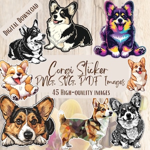 Corgis Aufkleber Bilder PNG SVG Bundle, 45 süße Hund Clipart Designs für DIY Aufkleber Handwerk Geschenke, Hundeliebhaber Craft Bundle, Corgis Liebhaber Kunst