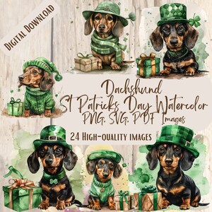 Dackel St. Patrick's Day Aquarell PNG SVG-Bundle, 24 festliche Hund Clipart Designs für St. Paddy's Crafts Decor, Glücksbringer irische Kunst