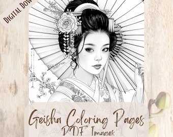 50 Geisha Coloring Pages, Intricate Japanese Art Designs for Relaxation, Printable Adult Coloring Book, Traditional Japanese Art Coloring
