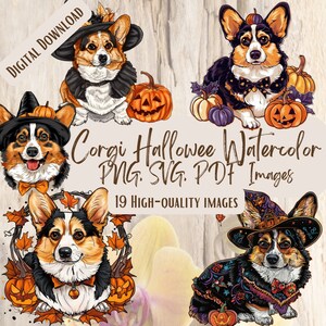 Corgis Halloween Aquarell PNG SVG Bundle 19 Bilder Digital druckbare Vektor-sofortiger Download Grafiken hochwertiges Clipart-Hundeliebhaber-Handwerk