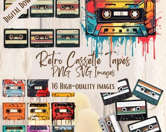 Retro Cassette Tape Clipart Bundle, 16 PNG SVG Designs, Vintage 80s 90s Music Tape Art for Stickers, Shirts, Scrapbooking, DIY Crafts