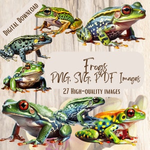 Frogs PNG SVG Bundle, 27 Cute & Colorful Frog Clipart Designs for Crafts, Stickers, Sublimation, Nature Inspired Party Decor,