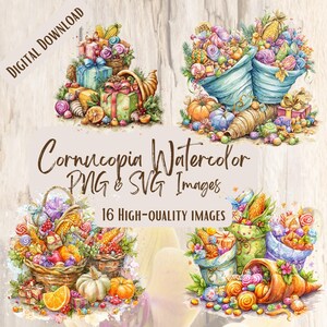 May include: Watercolor images featuring cornucopias, baskets, and gifts overflowing with colorful candies, fruits, and vegetables. The images include pumpkins, corn, and wrapped presents. Text reads "Cornucopia Watercolor PNG & SVG Images" and "16 High-Quality Images."