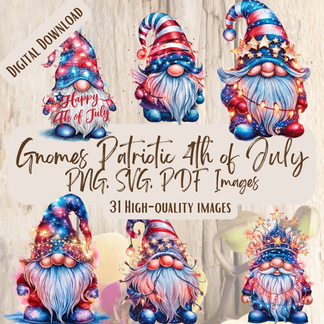Patriotic Gnomes 4th of July PNG SVG Bundle, 31 Watercolor Independence ...