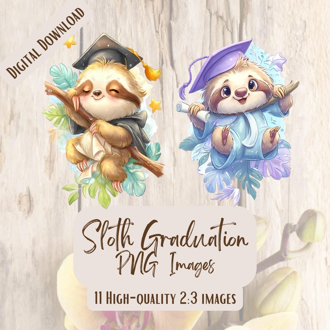 Sloth Graduation PNG Bundle, Watercolor Sloth Clipart, Cap & Gown ...