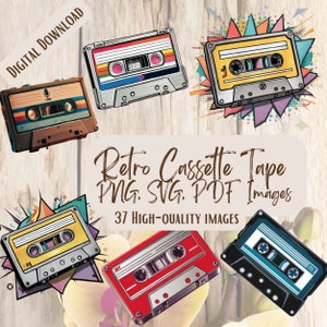 Retro Cassette Tapes PNG SVG Bundle, 37 Vintage Music Designs for Crafts & Decor, Retro Audio Tape Designs, 80s Cassette Tape Graphics