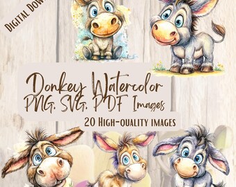 Donkey Watercolor Clipart Bundle, 20 Rustic Farm Animal PNG SVG Images, Baby Donkey Illustrations for Crafts, Nursery Decor, Country Art