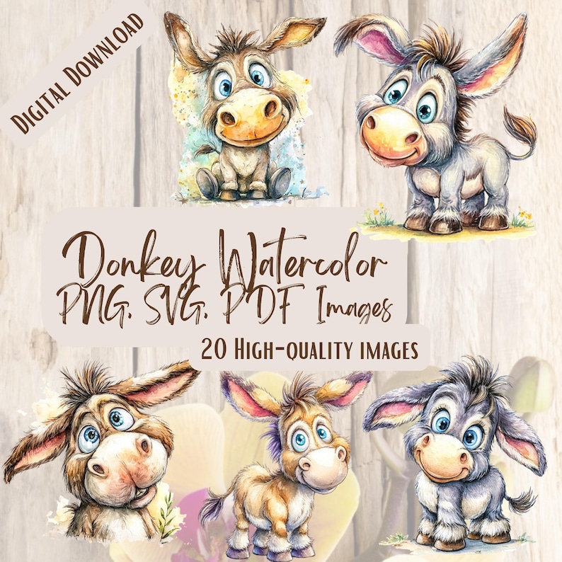 Donkey Watercolor Clipart Bundle, 20 Rustic Farm Animal PNG SVG Images ...