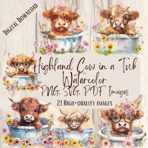 Highland Cow in Bathtub PNG SVG Bundle, 21 Cute Funny Farmhouse Clipart Designs for Crafts & Decor, Farm Animal Clipart, Farmhouse Clipart