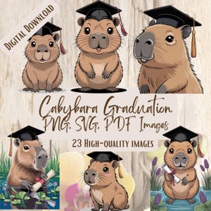 Pacote de PNG SVG de Capivara para Formatura, 23 designs de clipart adoráveis para artesanato, presentes e decoração exclusiva para formatura, clipart de animal engraçado de boné de formatura