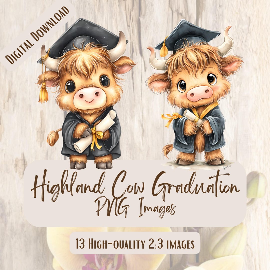 Highland Cow Graduation PNG Bundle, Cow Cap Gown Diploma Clipart, Grad ...