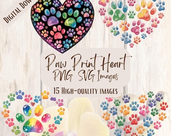 Paw Print Heart PNG SVG Bundle, 15 Adorable Dog Clipart Designs Pet Lovers & Crafts, Digital Art DIY, Colorful Puppy Print Love