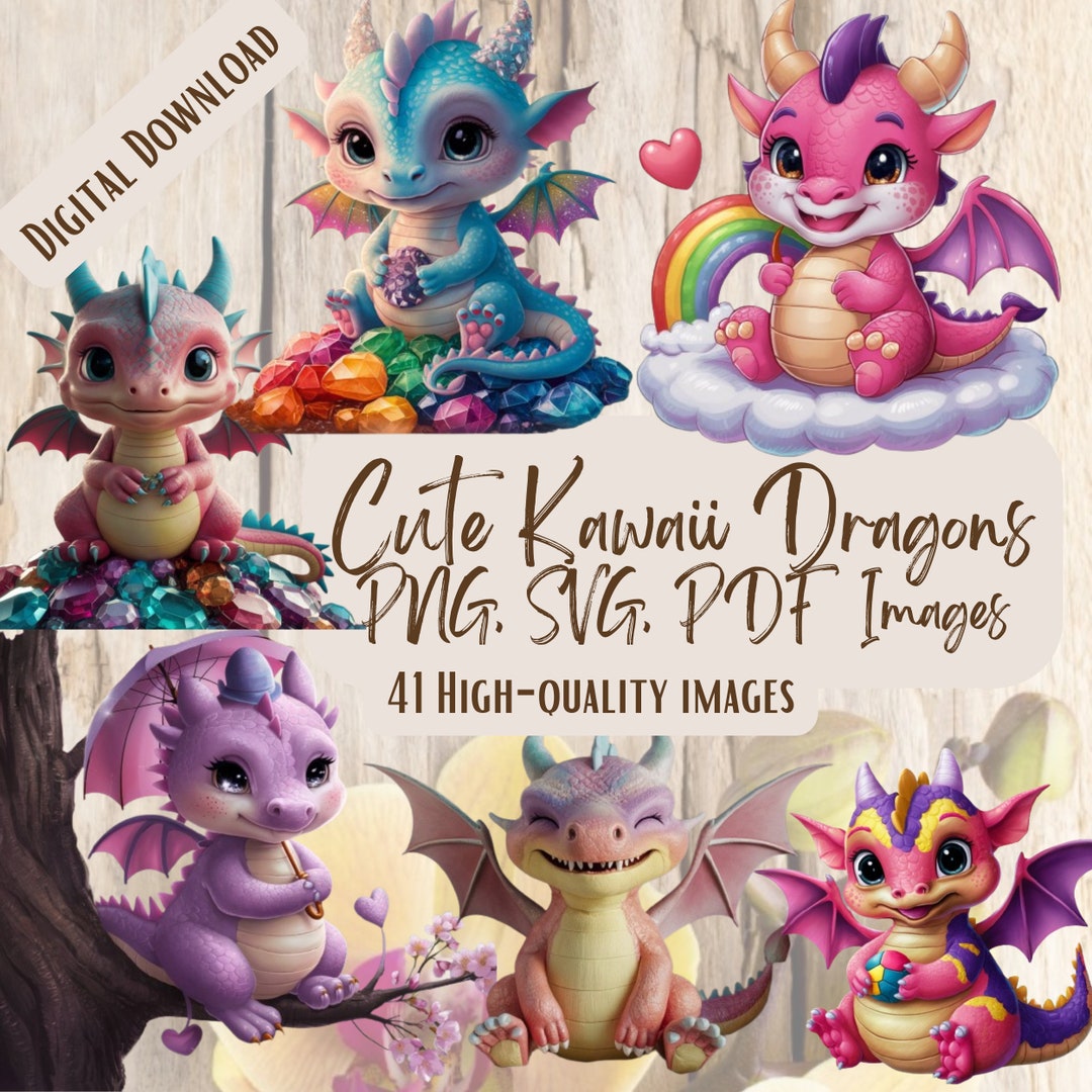 Cute Kawaii Baby Dragons PNG SVG Bundle, 41 Adorable Dragon Clipart ...