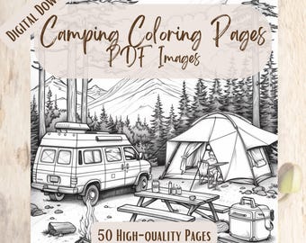 50 Camping Coloring Pages, Adventure & Nature-Themed Printable Coloring Sheets, Outdoor Fun for Adults Kids, Camping Art Digital Download