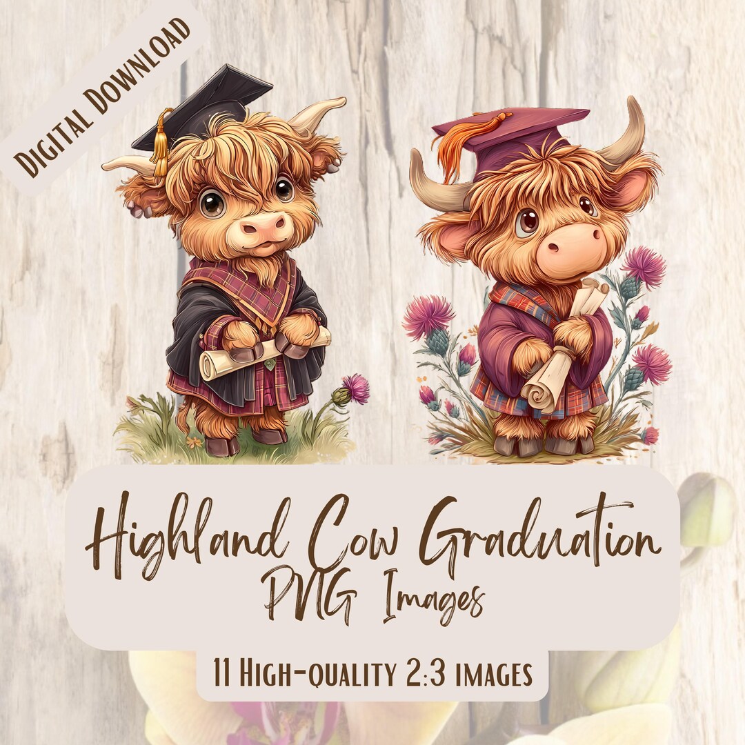 Graduation Cow Highland Cow Graduation PNG Bundle, 11 Cow Clipart Images With Cap ...