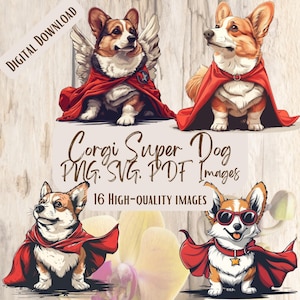 Corgi Super Dog PNG SVG Bundle, 16 Adorable Superhero Dog Clipart Images for Crafts, Cards, Decorations, Corgi Lover Gifts Pet Superhero