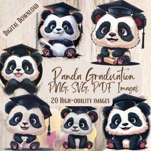 Panda afstuderen clipart, 20 PNG SVG-bundel, schattige afstuderen panda ontwerpen voor kaarten, ambachten en feestdecor Panda clipart, afstuderen dier