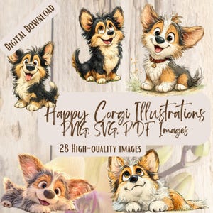 Glückliche Corgis Illustrationen PNG SVG Bundle, 28 Verspielte Hunde Clipart Designs zum Basteln, Aufkleber & Corgis-Liebhaber Geschenke, lustige lustige Hundekunst
