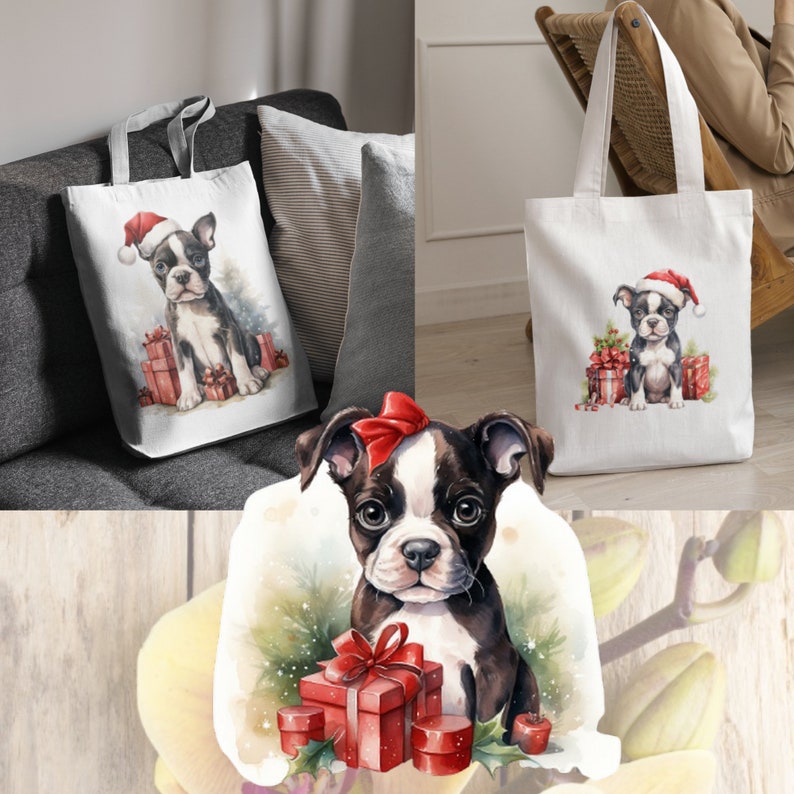 May include: Two white tote bags with black handles featuring a watercolor illustration of a Boston Terrier puppy wearing a Santa hat and holding a red gift box. The puppy is surrounded by presents and greenery.