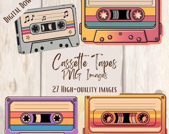 Retro Kassette Tape PNG SVG Bundle, 27 Vintage Musik Clipart Designs für Kunsthandwerk der 80er Jahre, Aufkleber, Sublimation & T-Shirt-Designs