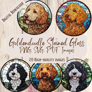 Clipart de vidrieras de Goldendoodle, 20 diseños PNG SVG para amantes de los perros, arte circular de vidrieras para manualidades y decoración, paquete digital de Goldendoodle