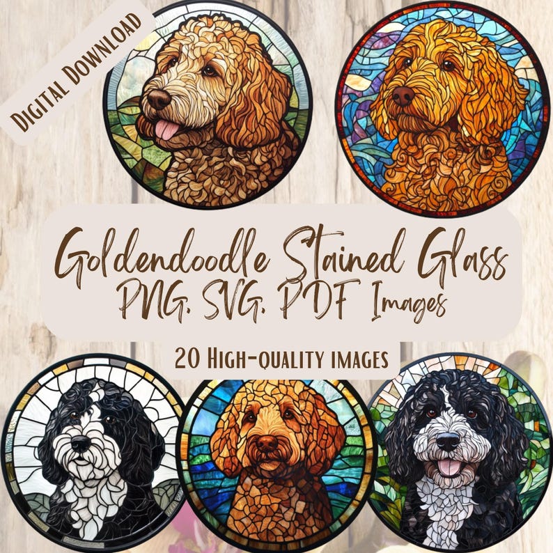 Goldendoodle Stained Glass Clipart, 20 PNG SVG Dog Lover Designs