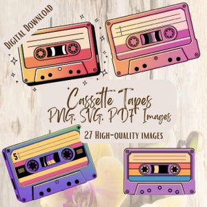 Retro Cassette Tape PNG SVG Bundle, 27 Vintage Music Clipart Designs for 80s Crafts, Stickers, Sublimation & T-Shirt Designs