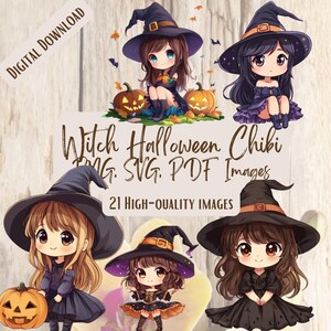 Clipart de bruja de Halloween Chibi, paquete de lindas brujas PNG SVG, 21 adorables diseños de brujas Chibi para manualidades, calcomanías y decoración de Halloween