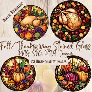 Fall Thanksgiving Stained Glass Clipart, Autumn Circle Design PNG SVG Bundle, Harvest Clipart Crafts & Decor, 23 Thanksgiving Digital Images