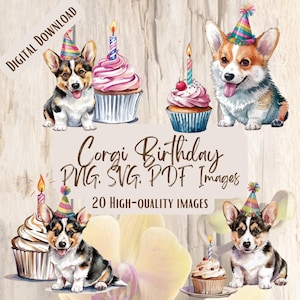 Niedliches Corgis Geburtstag PNG SVG Bundle, 20 entzückende Aquarell Hund Clipart für Party Dekorationen, Karten Handwerk, Hund Geburtstag, Einladung Clipart