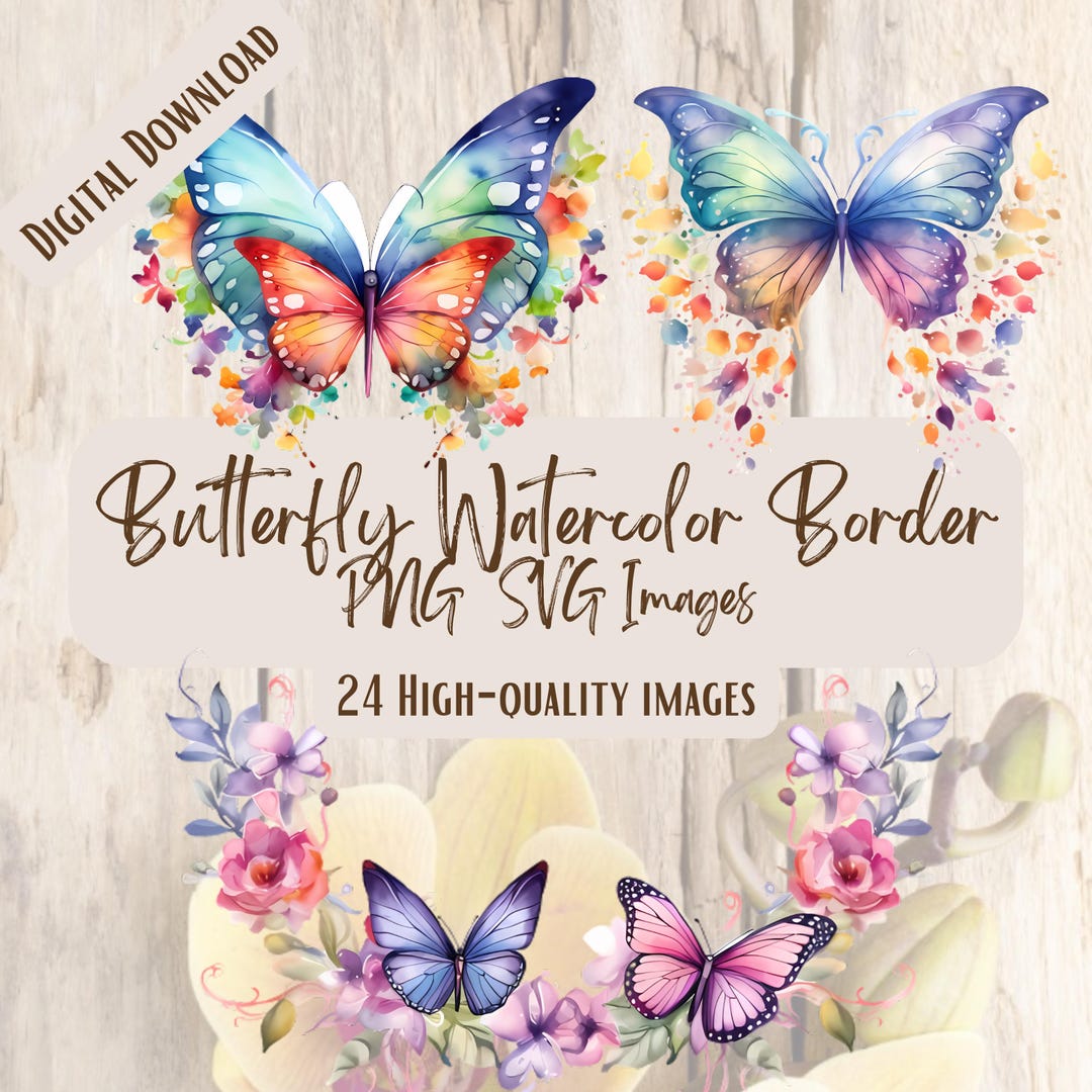 Butterfly Border Watercolor PNG SVG Bundle, 24 Floral Border Clipart ...