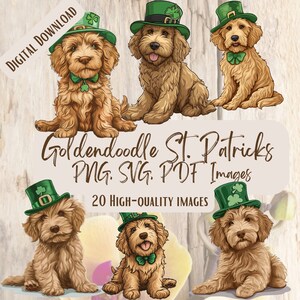 Goldendoodle St. Patrick's Day PNG SVG-Bundle, 20 Glückshund-Clipart-Designs für festliches Kunsthandwerk und Dekor, Hundeliebhaber Kunst, irisch Goldendoodle