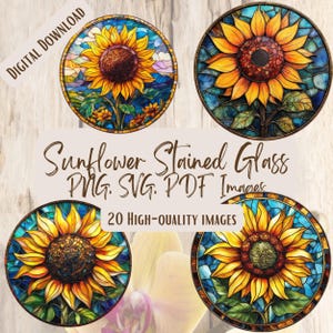 Sunflower Stained Glass Circle Clipart, 20 Beautiful Floral PNG SVG Designs for Crafts and Decor & DIY Projects, Summer Flower Lover Crafts