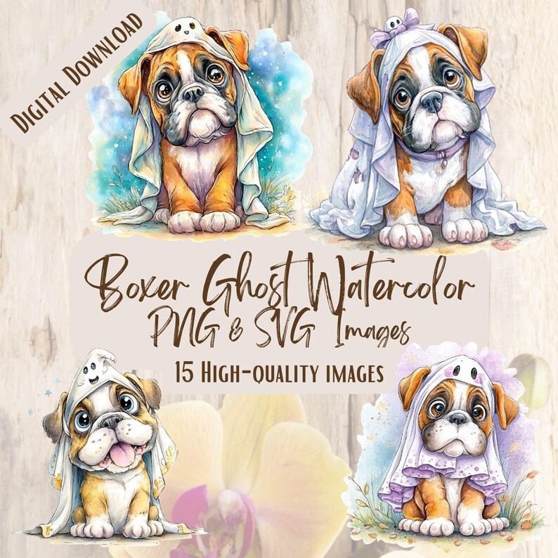 Boxer Ghost Watercolor PNG SVG Bundle, 16 Cute Halloween Dog Clipart ...