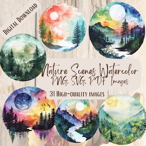 Nature Scenes Circle Watercolor PNG SVG Bundle, 31 Scenic Outdoor Clipart Designs, Round Landscape Illustrations for Crafts Stickers