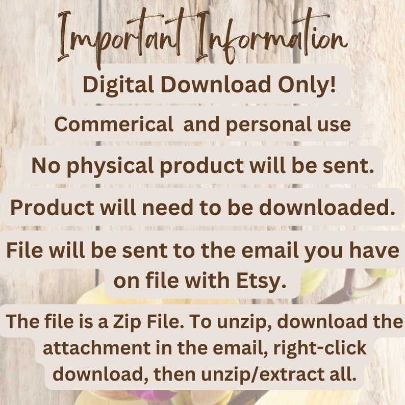 May include: Important Information: Digital Download Only! Commercial and personal use. No physical product will be sent. Product will need to be downloaded. File will be sent to the email you have on file with Etsy. The file is a Zip File. To unzip, download the attachment in the email, right-click download, then unzip/extract all.