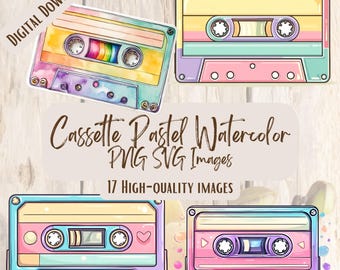 Kassette Pastell Aquarell PNG SVG Bundle, 17 Retro Musik Clipart Bilder für 80er, 90er Jahre, Scrapbooking, Kunsthandwerk & Sublimation