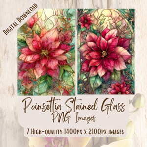 Poinsettia Stained Glass PNG Bundle, 7 Full-Image Holiday Flower Illustrations, Large-Format Christmas Art