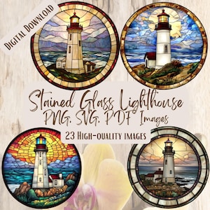 May include: Three stained glass images of a lighthouse with a blue sky and ocean. The images are in a circular frame with a red, yellow, and blue border. The text "Stained Glass Lighthouse PNG. SVG. PDF Images 23 HIGH-QUALITY IMAGES" is below the images.